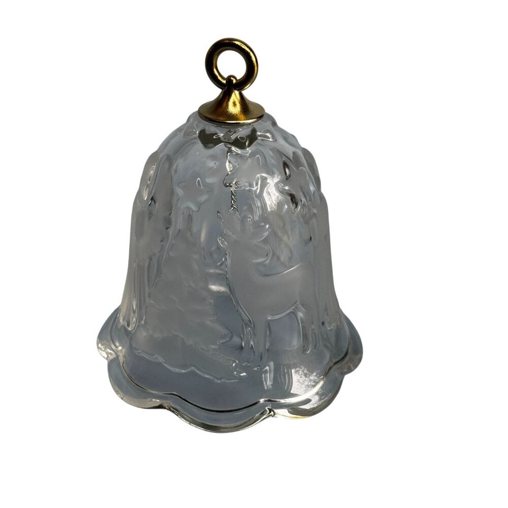 Frosted Glass Bell Ornament Deer & Angel Scene Gold Trim 3.5 Inch - Picture 2 of 6